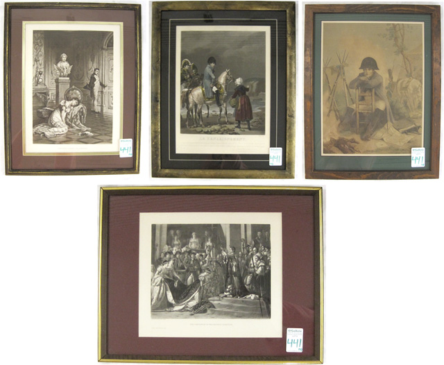 Appraisal: FOUR NAPOLEON PRINTS Le Renseignement color lithograph depicting Napoleon on