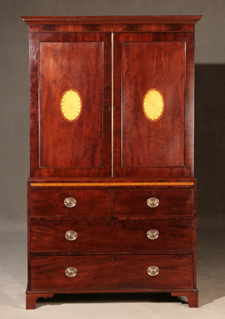 Appraisal: George III Style Satinwood Inlaid and Crossbanded Mahogany Linen Press