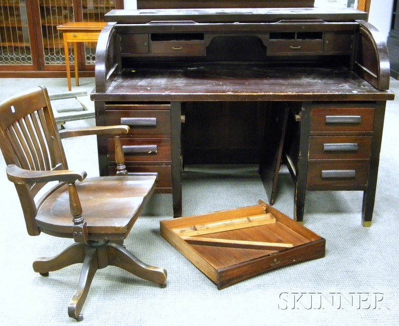 Appraisal: Mahogany Roll-top Desk with Chair early th century desk ht