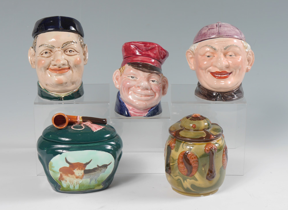 Appraisal: FIGURAL TOBACCO HEAD JARS pieces total to include Man with