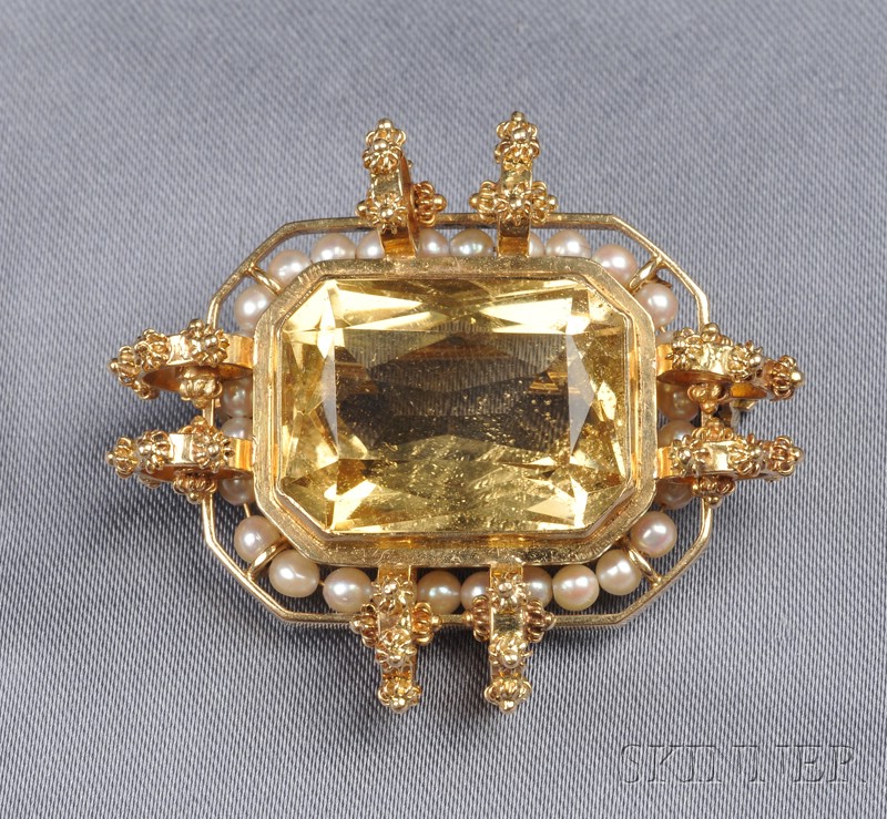 Appraisal: kt Gold Citrine and Seed Pearl Brooch centering a fancy-cut