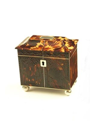 Appraisal: A George IV tortoiseshell tea caddy with silver stringing the