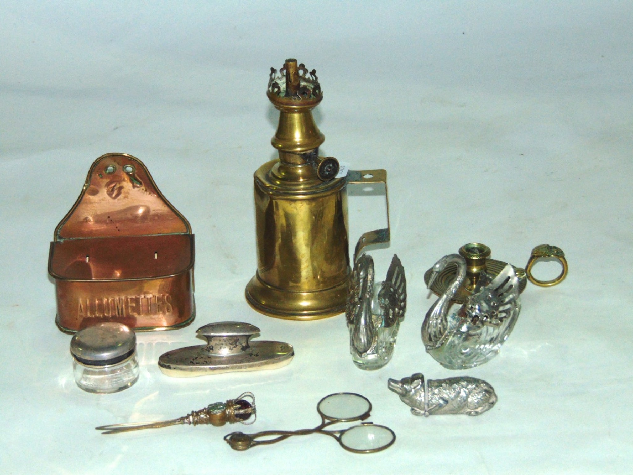 Appraisal: A miniature th century French brass oil burning chamber lamp