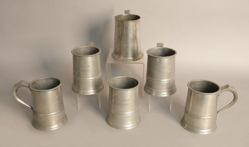 Appraisal: Five English pewter mugs marked Loftus together with another h