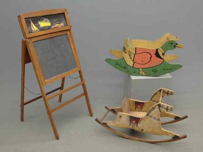 Appraisal: Lot including vintage child' s blackboard and two painted rocking