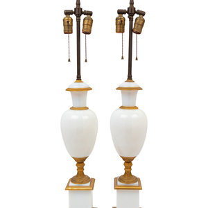 Appraisal: A Pair of French Gilt Bronze Mounted Opaline Glass Lamps