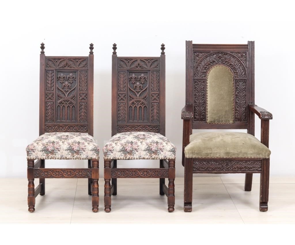 Appraisal: Oak Jacobean style open armchair together with two side chairs