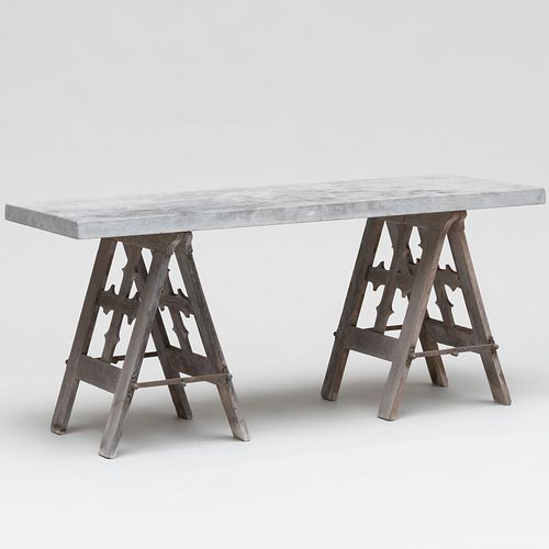 Appraisal: GOTHIC REVIVAL METAL-MOUNTED OAK TRESTLE TABLE WITH A LATER STONE