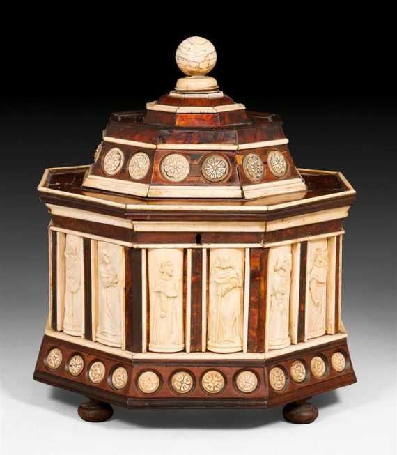 Appraisal: OCTAGONAL BOX WITH BONE INLAYS Revival style probably German end