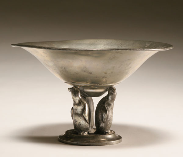 Appraisal: Danish Modern hammered pewter compote on tripod penguin figural base