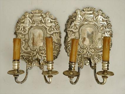 Appraisal: Pair of Charles II-Style Silverplate Two-Light Wall Sconces x in