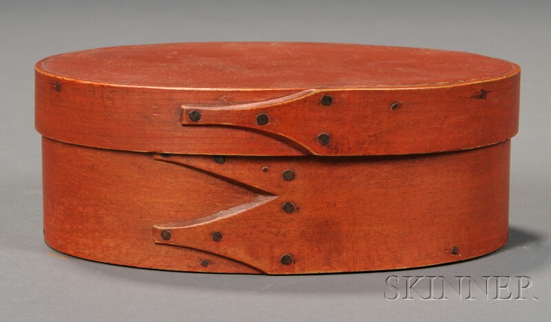 Appraisal: Shaker Red-painted Oval Covered Box probably New England mid to