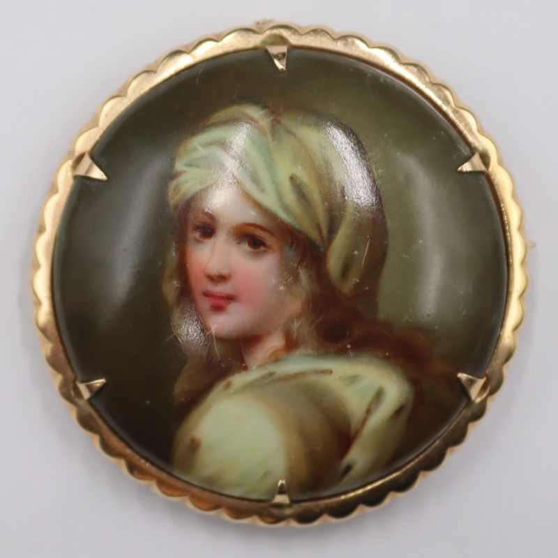 Appraisal: JEWELRY k Gold Mounted Painted Porcelain Plaque Brooch or Pendant