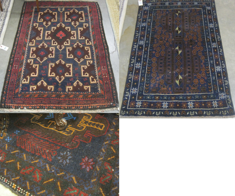 Appraisal: THREE AFGHAN BELOUCHI TRIBAL AREA RUGS hand knotted sizes '