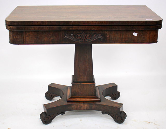 Appraisal: A WILLIAM IV ROSEWOOD FOLD OVER CARD TABLE with square