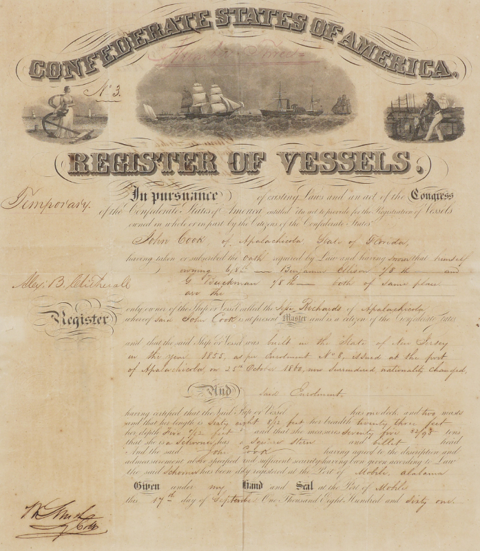 Appraisal: RARE FLORIDA CONFEDERATE REGISTER OF VESSELS An exceedingly rare document