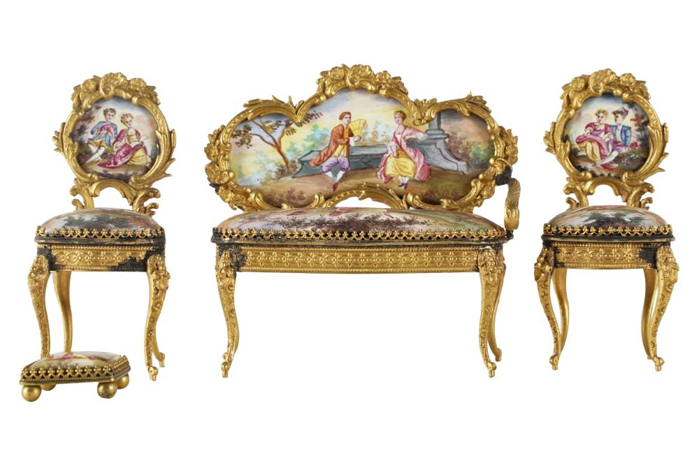 Appraisal: ENAMEL GILT METAL MINIATURE SALON SUITEin the Viennese style comprising