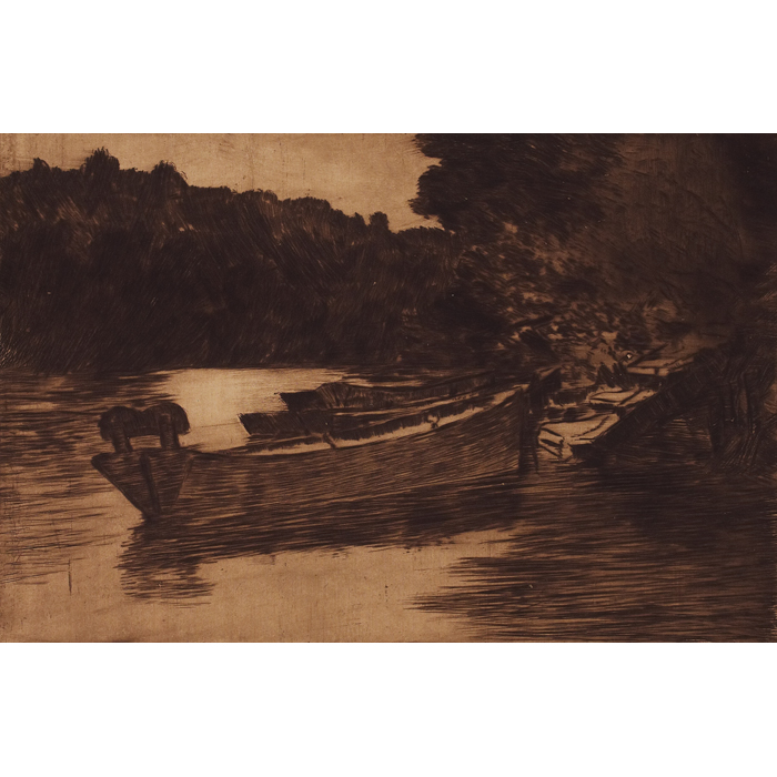 Appraisal: E T Hurley etching docked fishing boats printed in brown