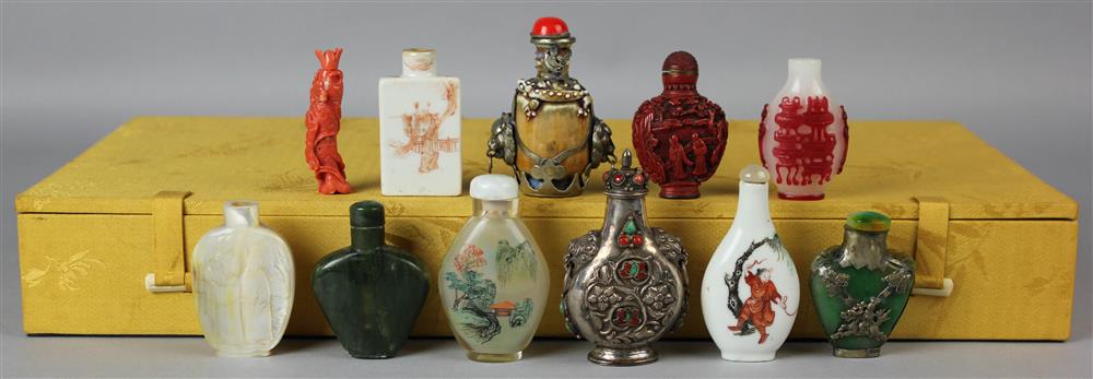 Appraisal: COLLECTION OF ELEVEN SNUFF BOTTLES including a silvered mounted porcelain