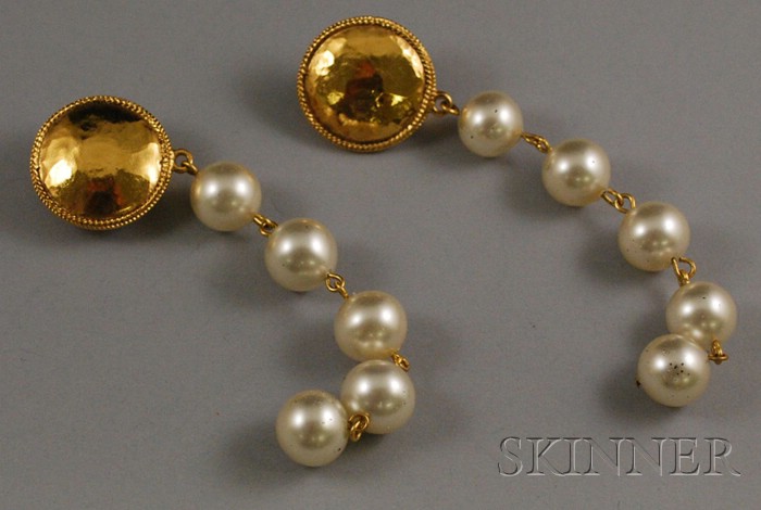 Appraisal: Pair of Chanel Gold-tone and Faux Pearl Earpendants lg in