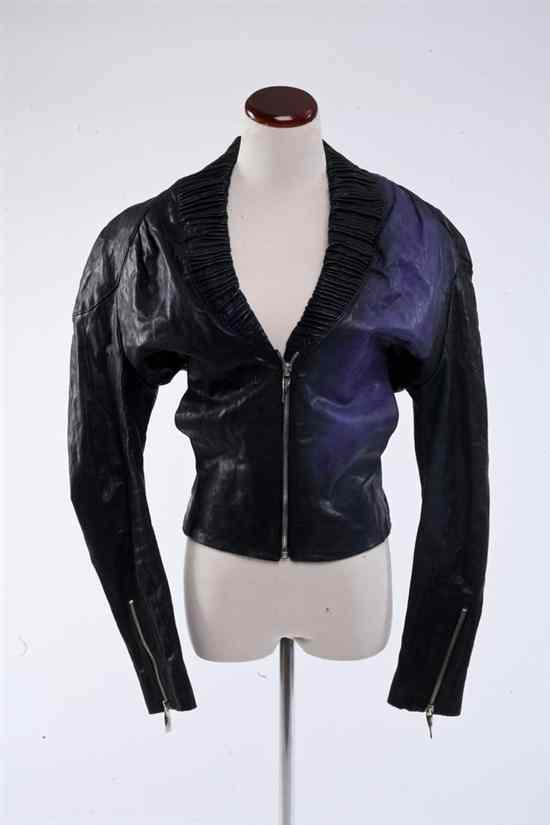 Appraisal: NINA RICCI BLACK AND PURPLE CALFSKIN LEATHER MOTORCYCLE-STYLE JACKET Ruched