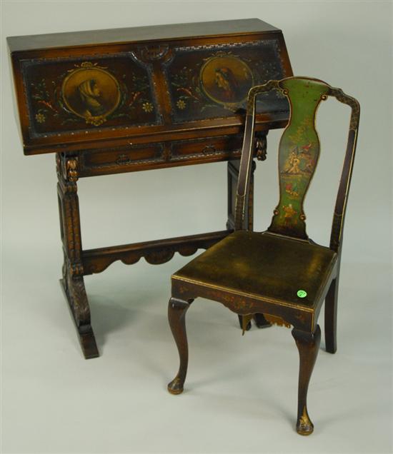 Appraisal: CONTINENTAL CARVED WALNUT PAINT DECORATED DESK height inches width inches