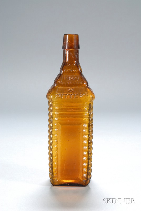 Appraisal: St Drake's Amber Glass Cabin-form Bitters Bottle - four-log example