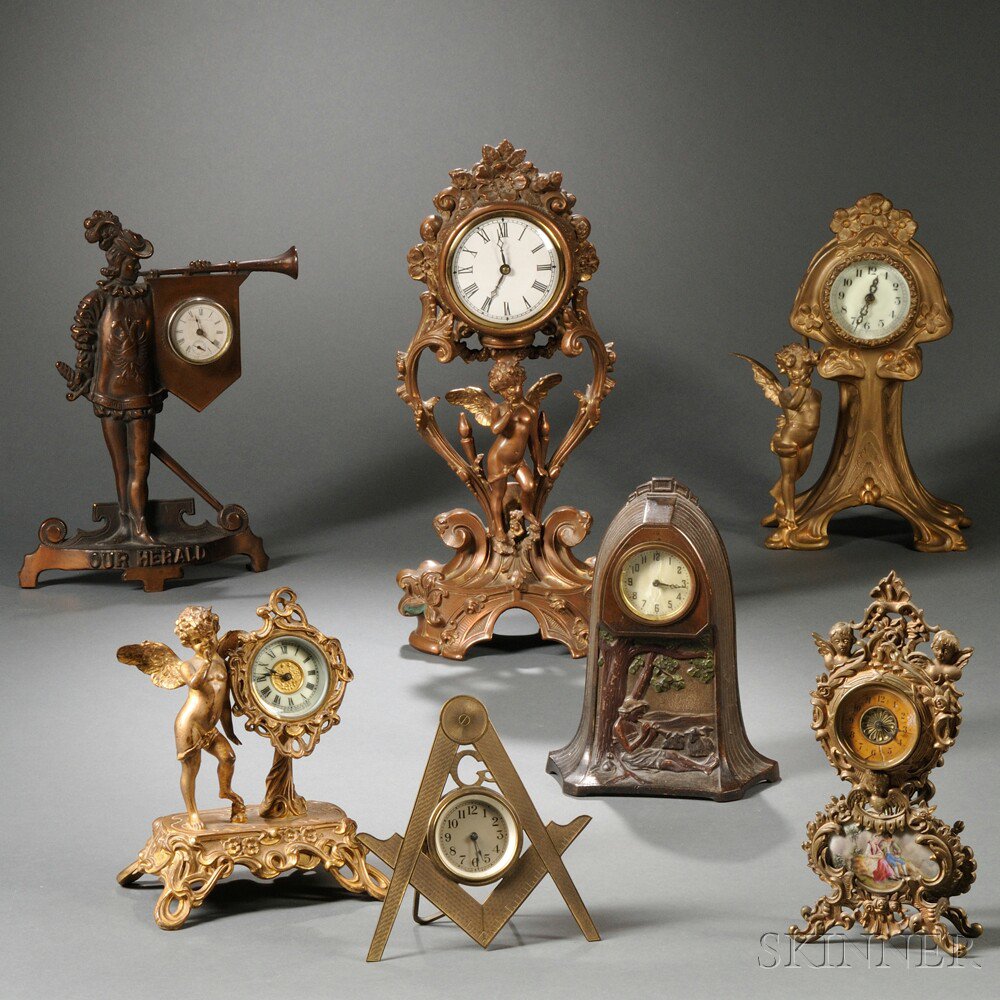 Appraisal: Seven Cast Metal Novelty Clocks by Ansonia New Haven Junghans