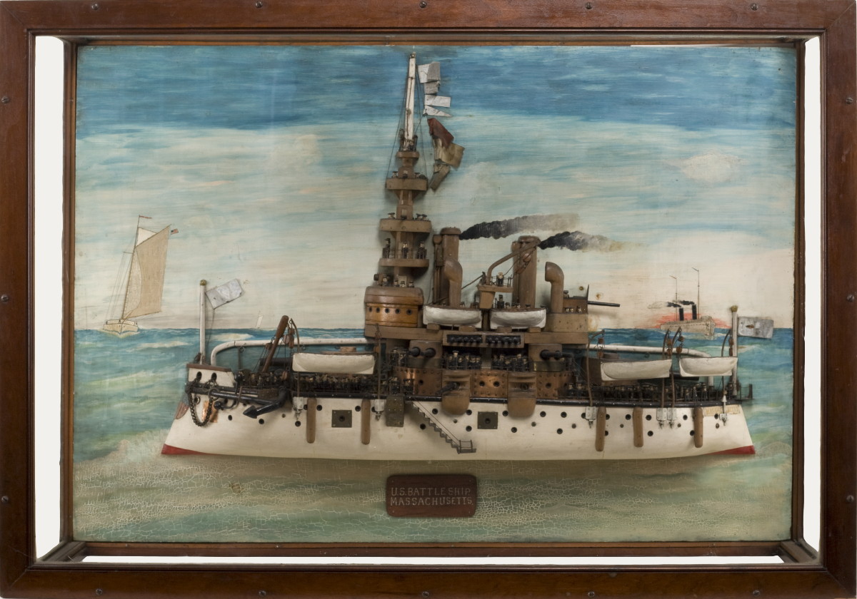 Appraisal: CARVED AND PAINTED SHADOWBOX MODEL OF THE BATTLESHIP MASSACHUSETTS The