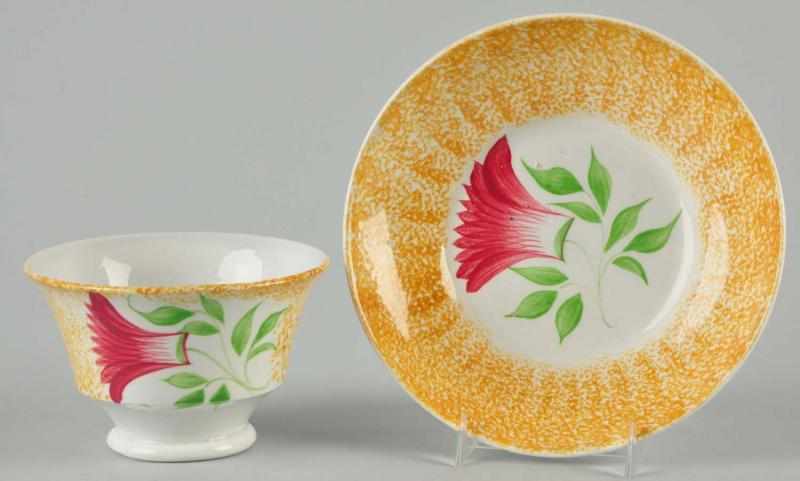 Appraisal: Spatterware Handless Cup Saucer Description Matching pair Yellow with red