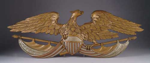 Appraisal: CARVED WOOD AND PAINTED EAGLE PLAQUE The gold and silver