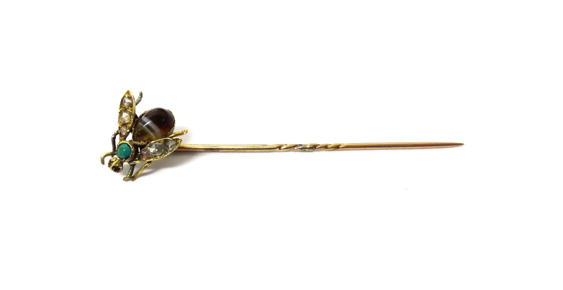 Appraisal: A rose diamond banded agate and turquoise set stick pin