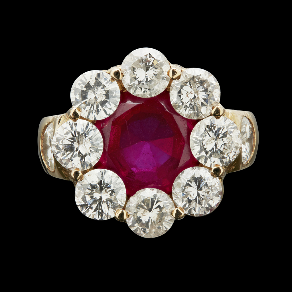 Appraisal: A synthetic ruby and diamond set cluster ringthe central round