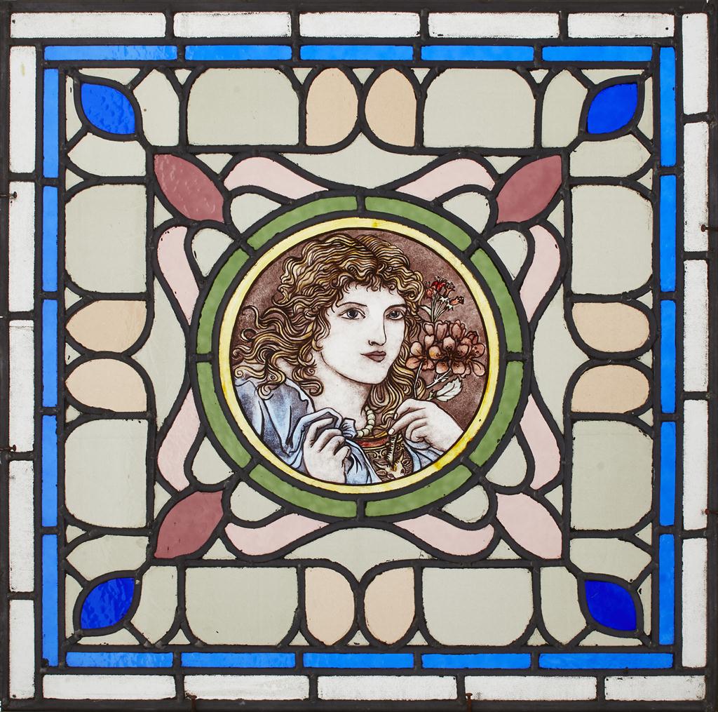 Appraisal: MANNER OF HANNAH WALTON PAINTED GLASS AND LEADED PANEL CIRCA