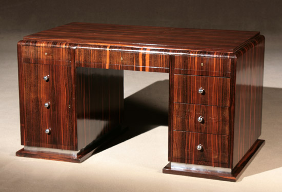 Appraisal: French Art Deco Chrome-Mounted b ne-de-Macassar Two-Pedestal Desk Circa s