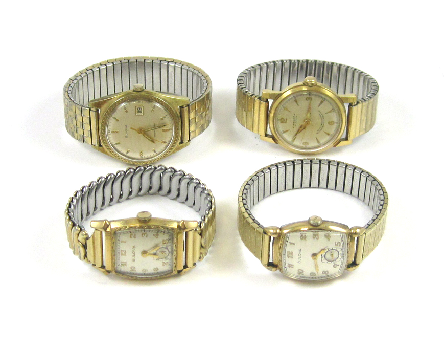 Appraisal: FOUR VINTAGE MEN'S WATCHES including Bulova jewel wind up serial