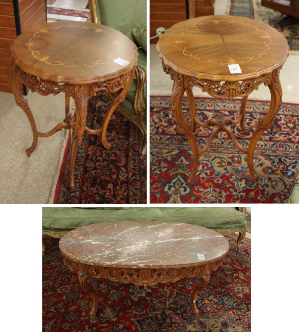 Appraisal: THREE-PIECE LOUIS XV STYLE LIVING ROOM TABLE SET American mid-