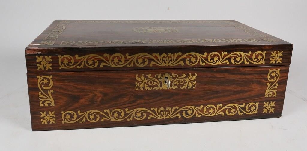 Appraisal: George IV style walnut and brass inlay lap desk Wood