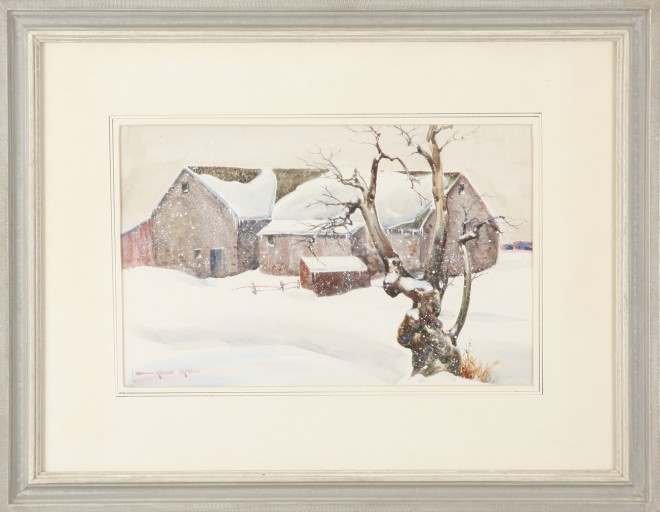 Appraisal: Snowed in Barn watercolor x sight SLL Artist American -