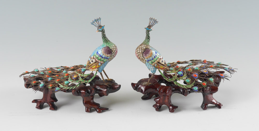 Appraisal: PAIR CHINESE CLOISONNE FIGURAL PEACOCKS Each with cloisonne body tail