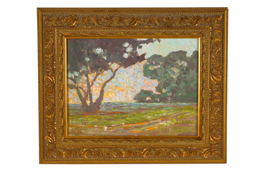 Appraisal: AMERICAN IMPRESSIONIST SCHOOL SUNSET LANDSCAPEoil on board unsigned x inches