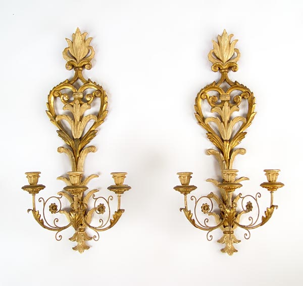 Appraisal: PAIR CARVED GILT WOOD AND GESSO LIGHT WALL SCONCES