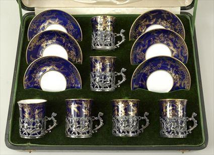 Appraisal: Copeland Gilt Decorated Blue-Ground Porcelain Demitasse Set Boxed Comprising six