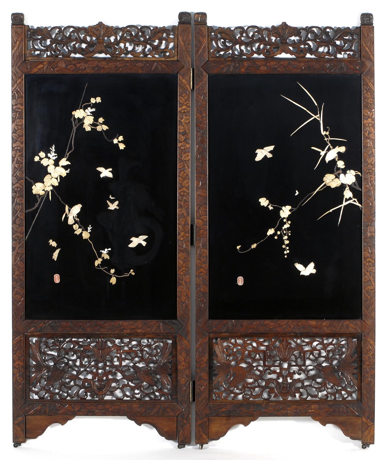 Appraisal: SHIBAYAMA-INLAID TWO-PANEL SCREEN Meiji PeriodWith bird and flower design on