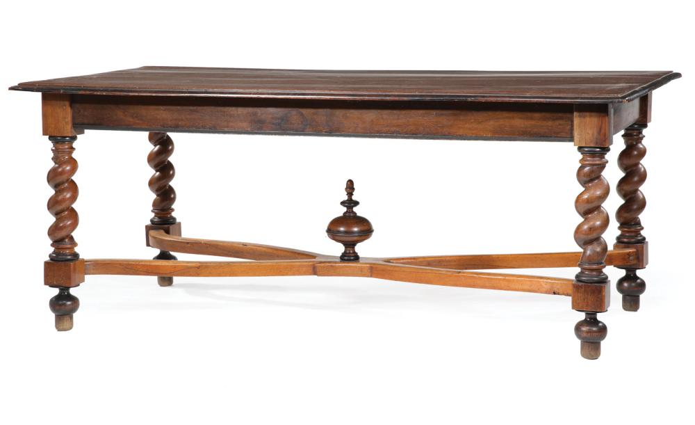 Appraisal: Antique Jacobean-Style Fruitwood Dining Table molded top barley twist blocked