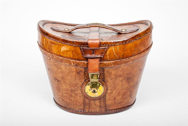 Appraisal: English Brass-Mounted Stitched Leather Hat Box The handle marked 'A