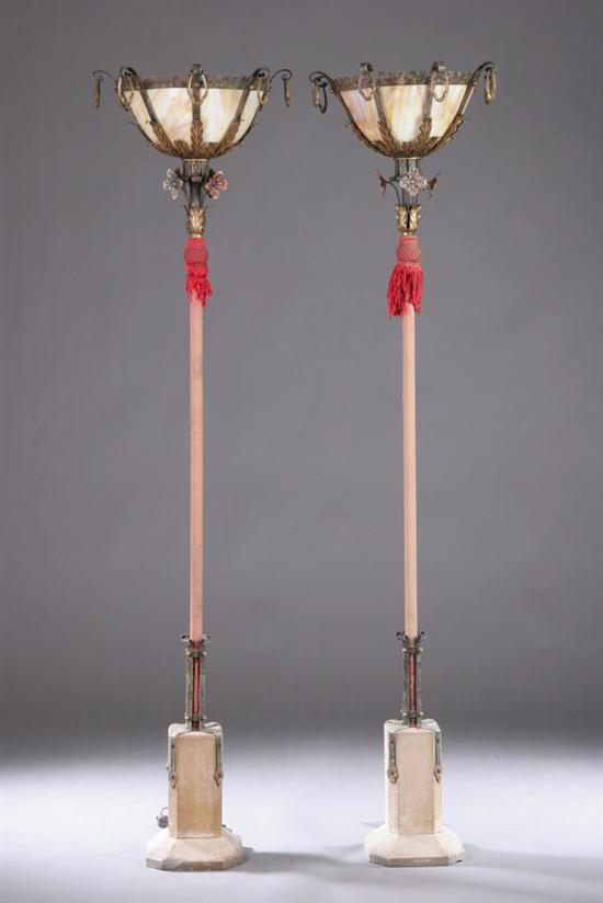 Appraisal: PAIR ARTS CRAFTS WROUGHT IRON AND SLAG GLASS TORCHERES Circa