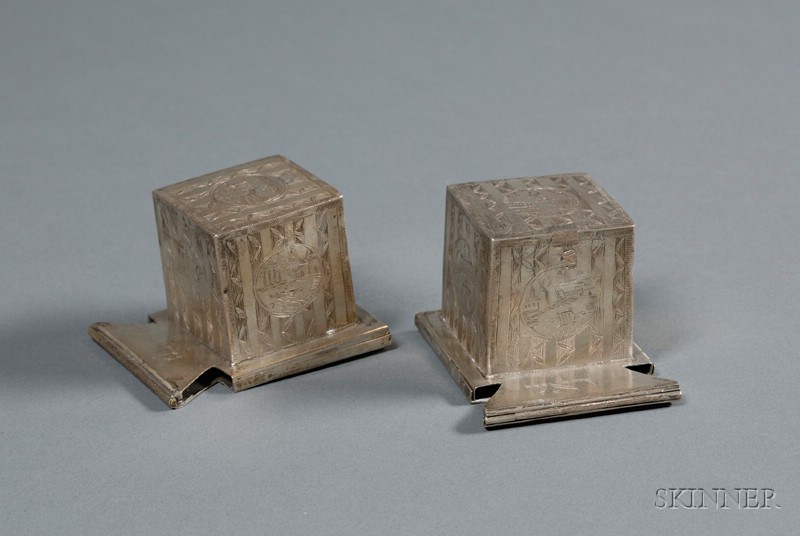 Appraisal: Pair of Polish Silver Tefillin Cases finely engraved with vignettes