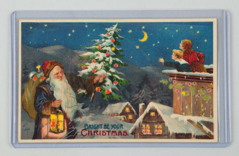 Appraisal: Hold-to-Light Santa Postcard It is a horizontal card with Santa