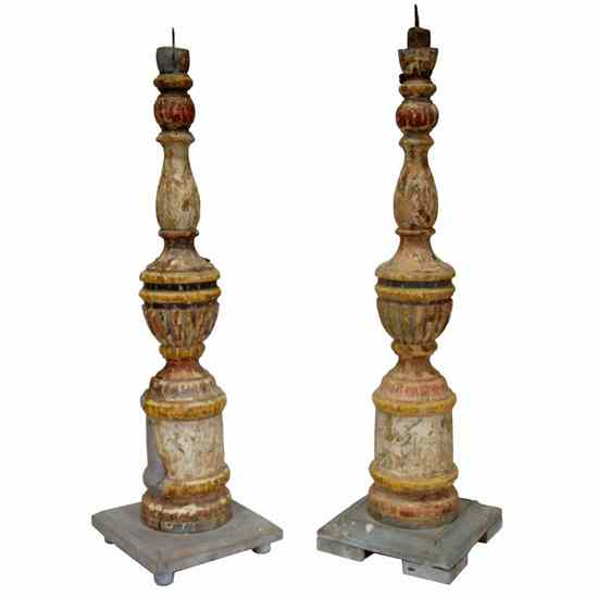 Appraisal: A Pair of Indo-Portuguese Painted Teak Pricket Candlesticks circa having